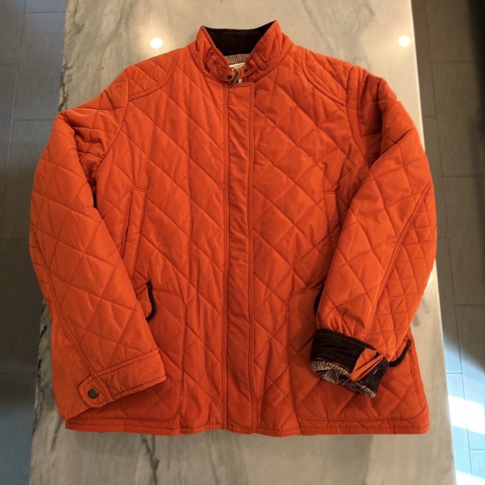 Orvis Womens Quilted Jacket Large Orange Corduroy Trim Plaid Lined OR-2B22